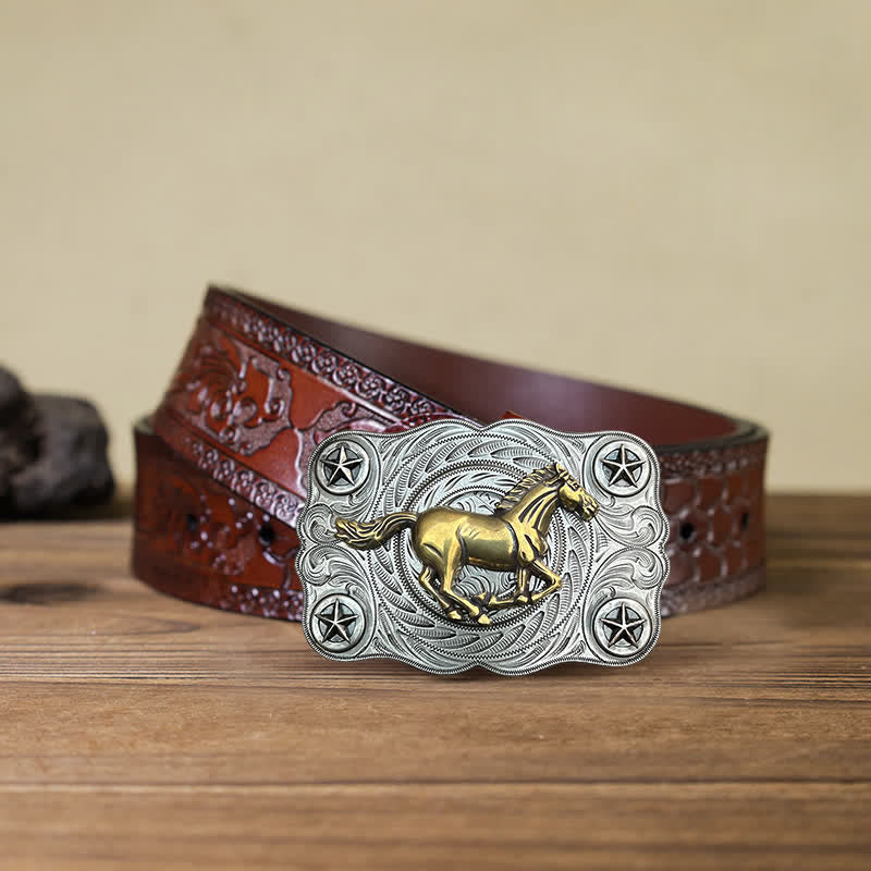 Men's DIY Western Wild Horse Buckle Leather Belt - Silver - Brown Carved Belt (40) - image 16
