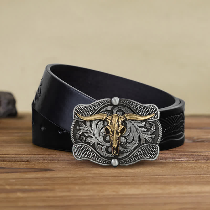 Men's DIY Texas Longhorn Bull Buckle Leather Belt - Bull Head - Black Embossed Eagle Belt (38) - image 4