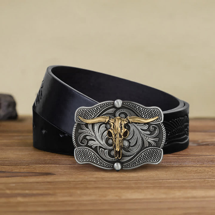 Men's DIY Texas Longhorn Bull Buckle Leather Belt - Bull Head - Black Embossed Eagle Belt (38) - image 4