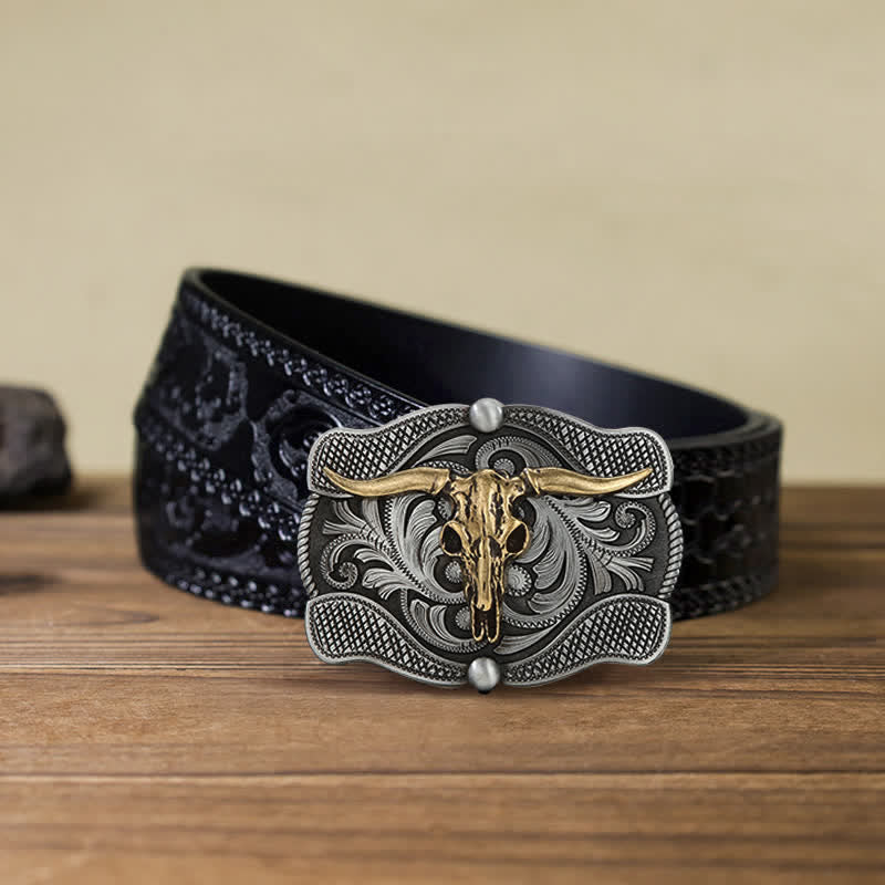 Men's DIY Texas Longhorn Bull Buckle Leather Belt - Bull Head - Black Carved Belt (40) - image 6