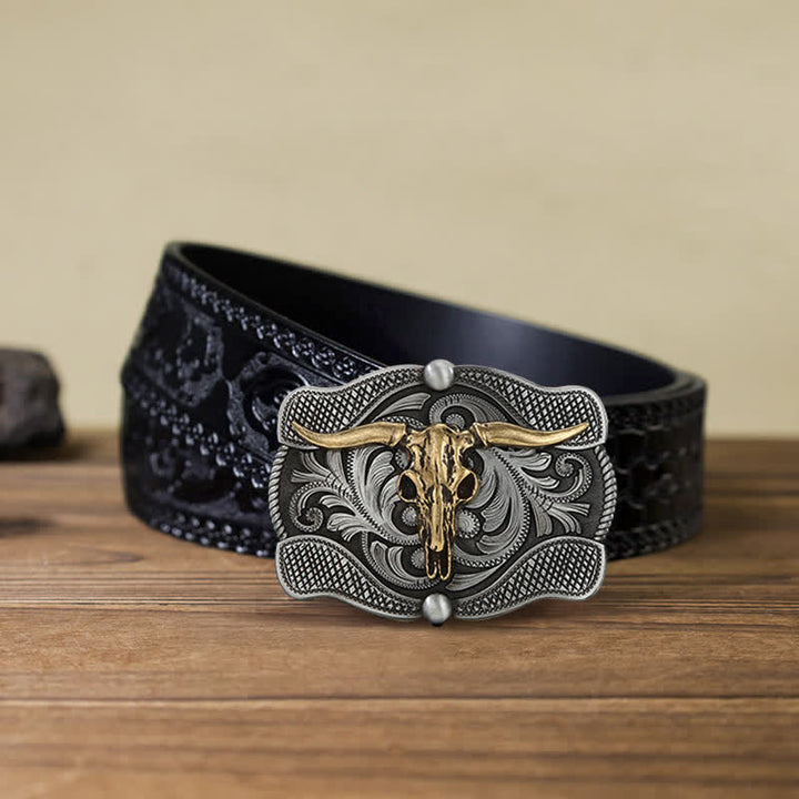 Men's DIY Texas Longhorn Bull Buckle Leather Belt - Bull Head - Black Carved Belt (40) - image 6