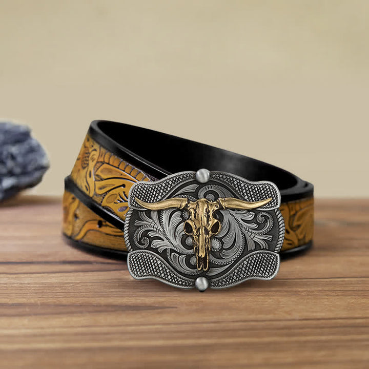 Men's DIY Texas Longhorn Bull Buckle Leather Belt - Bull Head - SandyBrown Belt (40) - image 8