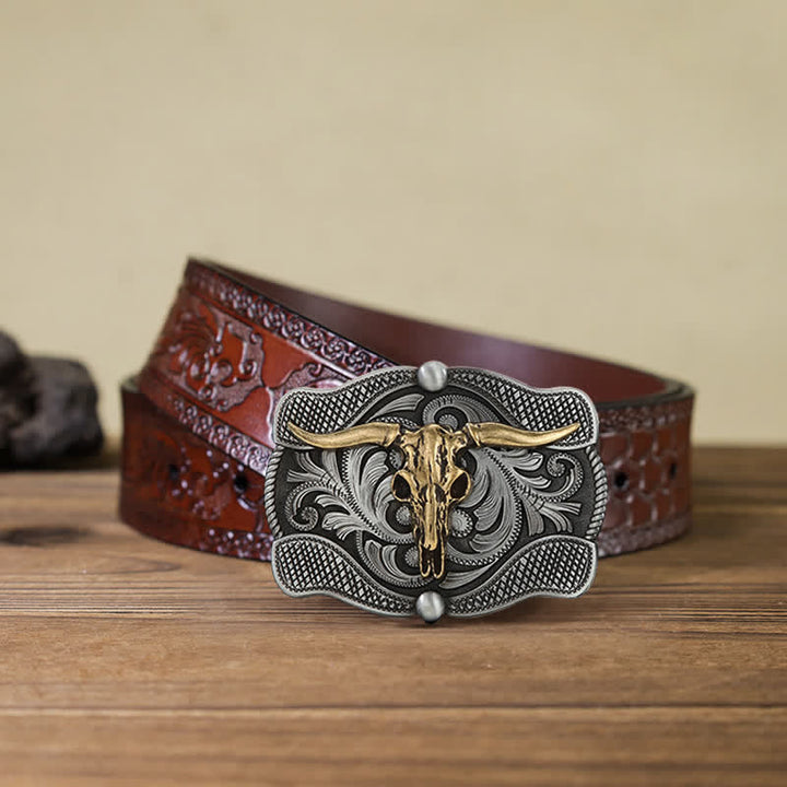 Men's DIY Texas Longhorn Bull Buckle Leather Belt - Bull Head - Brown Carved Belt (40) - image 7