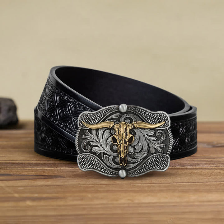 Men's DIY Texas Longhorn Bull Buckle Leather Belt - Bull Head - Black Embossed Weave Belt (38) - image 5