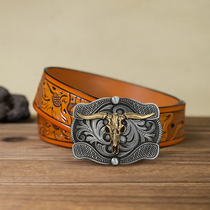 Men's DIY Texas Longhorn Bull Buckle Leather Belt - Bull Head - Orange Carved Belt (40) - image 9
