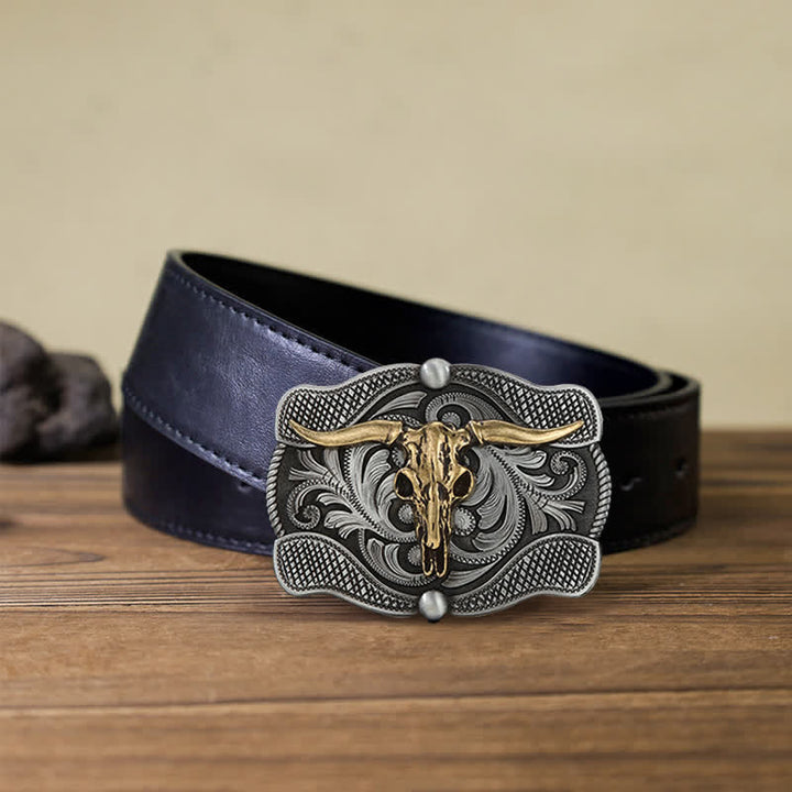 Men's DIY Texas Longhorn Bull Buckle Leather Belt - Bull Head - Black PU Belt (40) - image 3