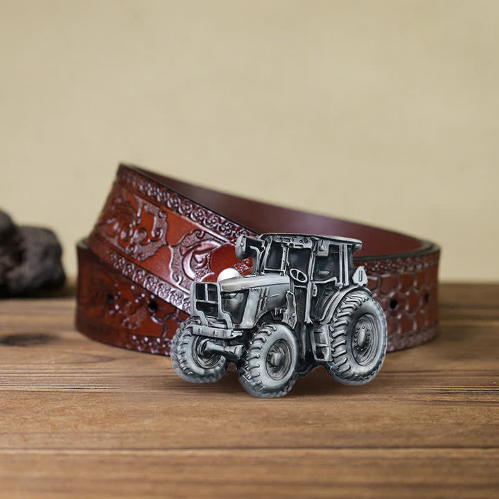 Men's DIY Country Tractor Buckle Leather Belt - Tractor - Brown Carved Belt (40) - image 8