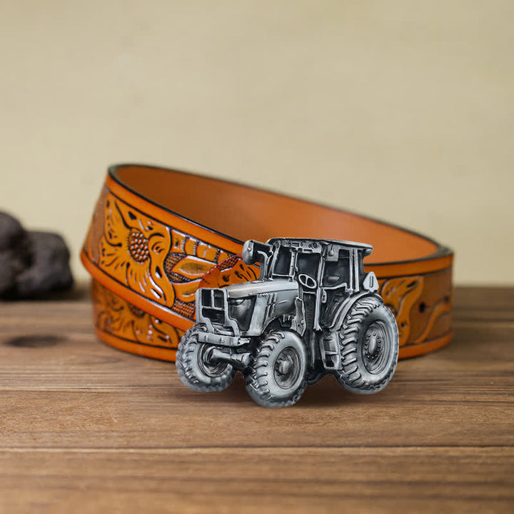 Men's DIY Country Tractor Buckle Leather Belt - Tractor - Orange Carved Belt (40) - image 10