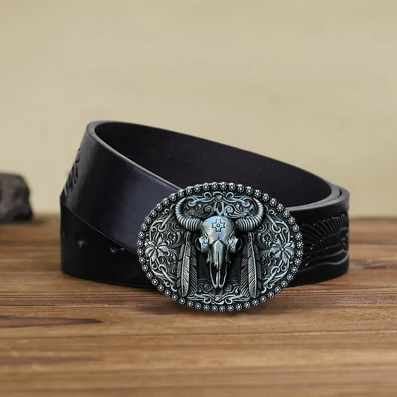 Men's DIY Bull Ethnic Feather Decor Buckle Leather Belt - Antique Silver - Black Embossed Eagle Belt (38) - image 4