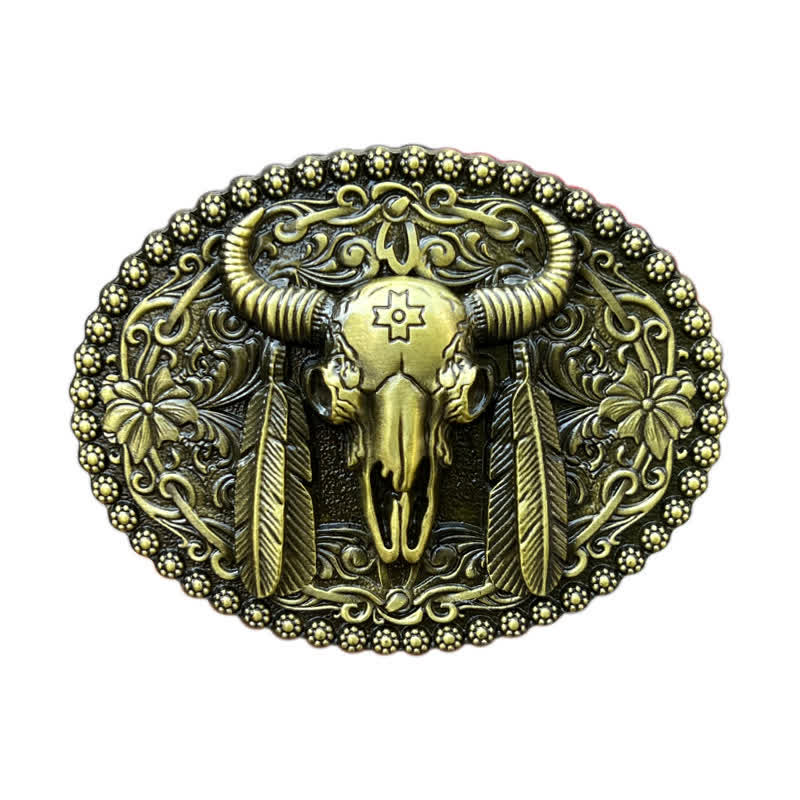 Men's DIY Bull Ethnic Feather Decor Buckle Leather Belt - Antique Bronze - Without Belt - image 10