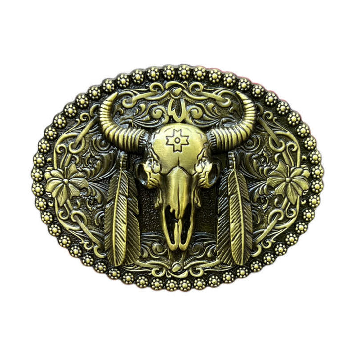 Men's DIY Bull Ethnic Feather Decor Buckle Leather Belt - Antique Bronze - Without Belt - image 10
