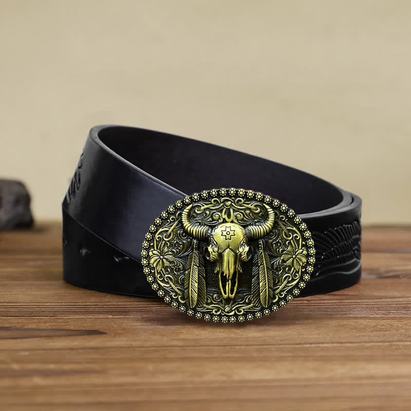Men's DIY Bull Ethnic Feather Decor Buckle Leather Belt - Antique Bronze - Black Embossed Eagle Belt (38) - image 13