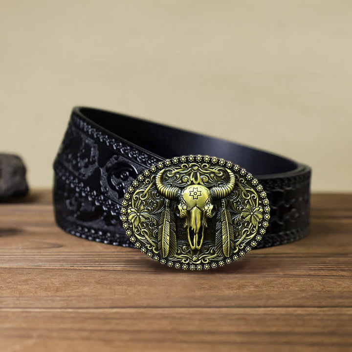 Men's DIY Bull Ethnic Feather Decor Buckle Leather Belt - Antique Bronze - Black Carved Belt (40) - image 15