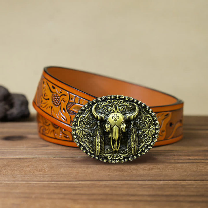 Men's DIY Bull Ethnic Feather Decor Buckle Leather Belt - Antique Bronze - Orange Carved Belt (40) - image 18