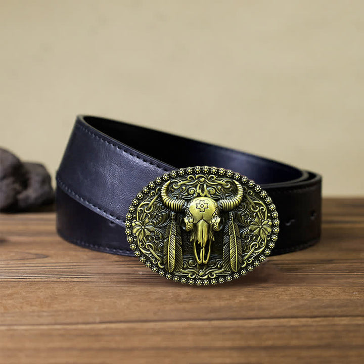 Men's DIY Bull Ethnic Feather Decor Buckle Leather Belt - Antique Bronze - Black PU Belt (40) - image 12