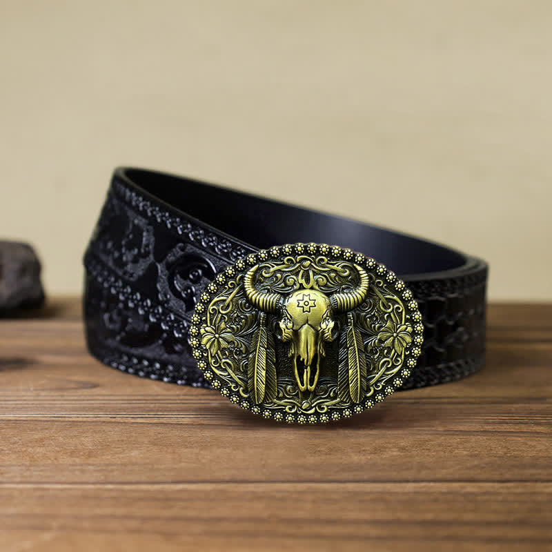 Men's DIY Bull Ethnic Feather Decor Buckle Leather Belt - Antique Bronze - Black Carved Belt (40) - image 15