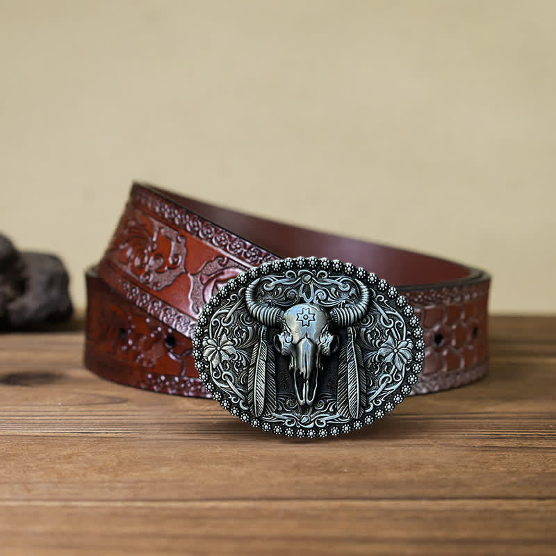Men's DIY Bull Ethnic Feather Decor Buckle Leather Belt - Antique Silver - Brown Carved Belt (40) - image 7