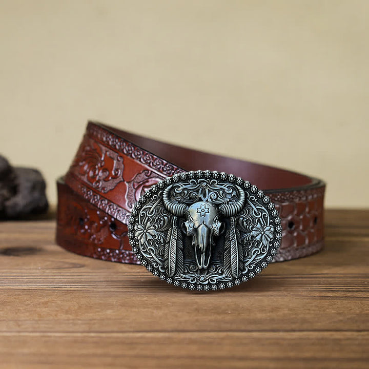 Men's DIY Bull Ethnic Feather Decor Buckle Leather Belt - Antique Silver - Brown Carved Belt (40) - image 7