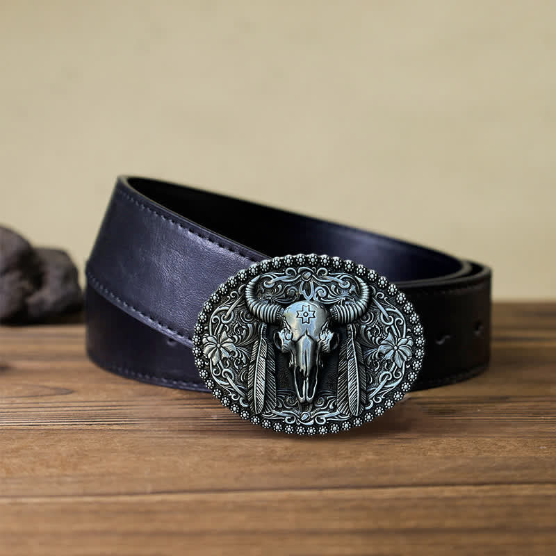 Men's DIY Bull Ethnic Feather Decor Buckle Leather Belt - Antique Silver - Black PU Belt (40) - image 3
