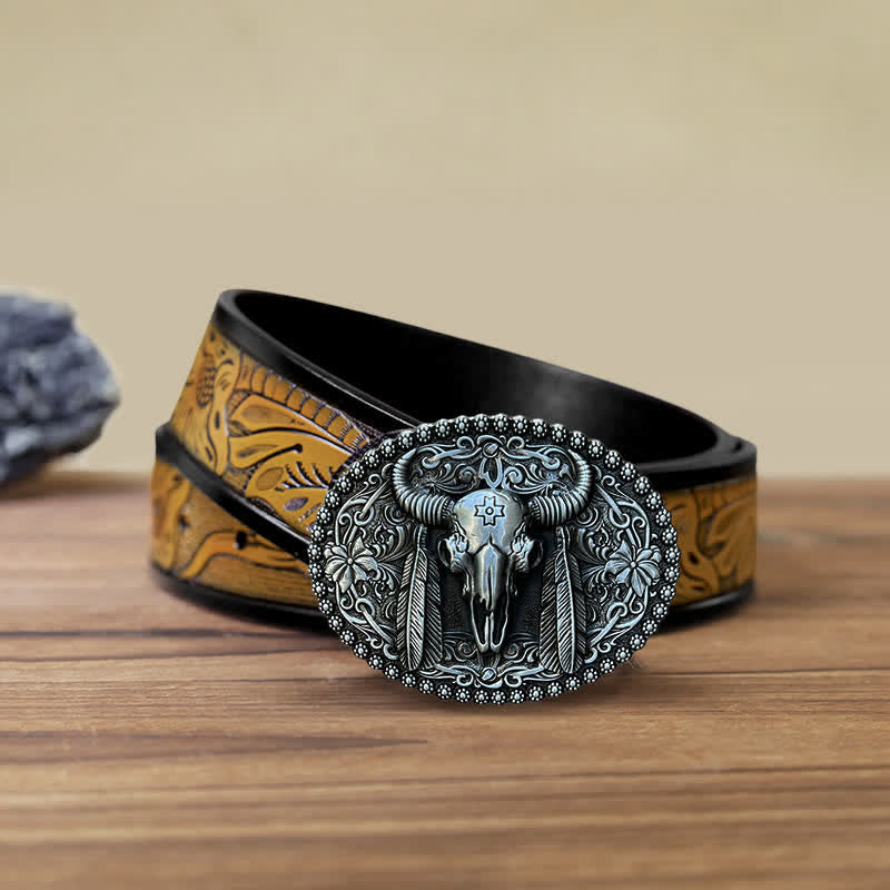 Men's DIY Bull Ethnic Feather Decor Buckle Leather Belt - Antique Silver - SandyBrown Belt (40) - image 8