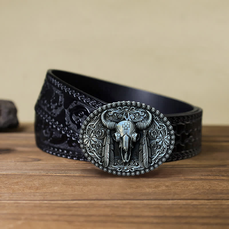 Men's DIY Bull Ethnic Feather Decor Buckle Leather Belt - Antique Silver - Black Carved Belt (40) - image 6
