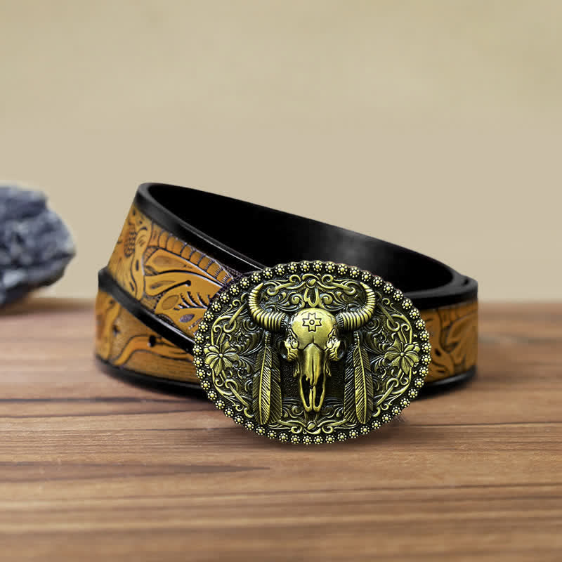 Men's DIY Bull Ethnic Feather Decor Buckle Leather Belt - Antique Bronze - SandyBrown Belt (40) - image 17
