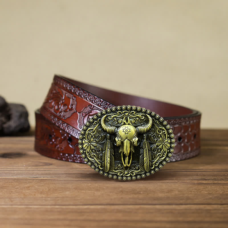 Men's DIY Bull Ethnic Feather Decor Buckle Leather Belt - Antique Bronze - Brown Carved Belt (40) - image 16