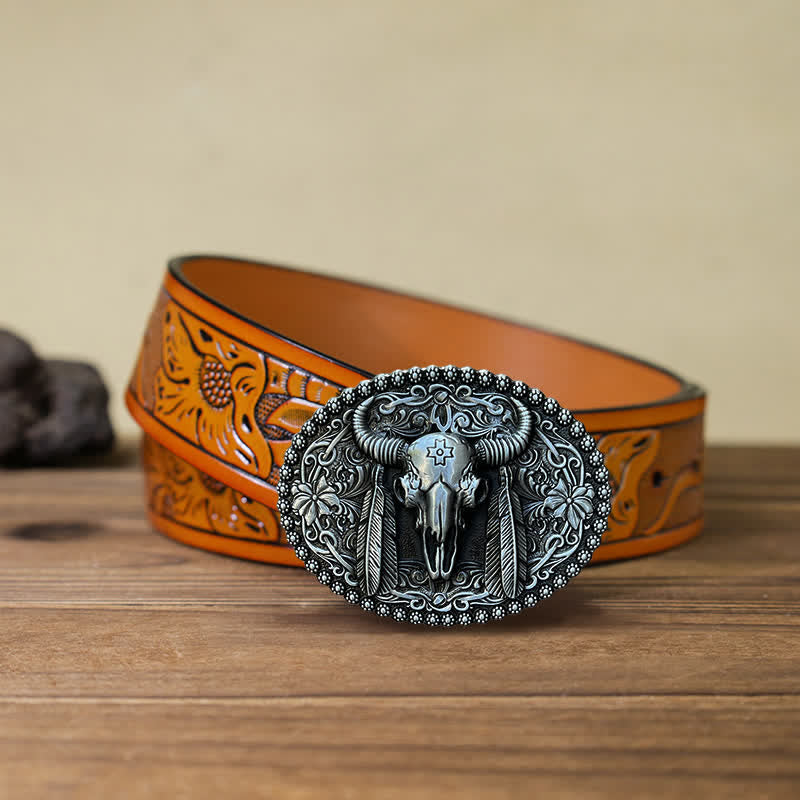 Men's DIY Bull Ethnic Feather Decor Buckle Leather Belt - Antique Silver - Orange Carved Belt (40) - image 9
