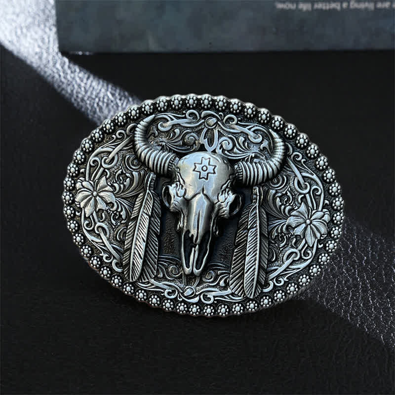 Men's DIY Bull Ethnic Feather Decor Buckle Leather Belt - Antique Silver - Without Belt - image 0