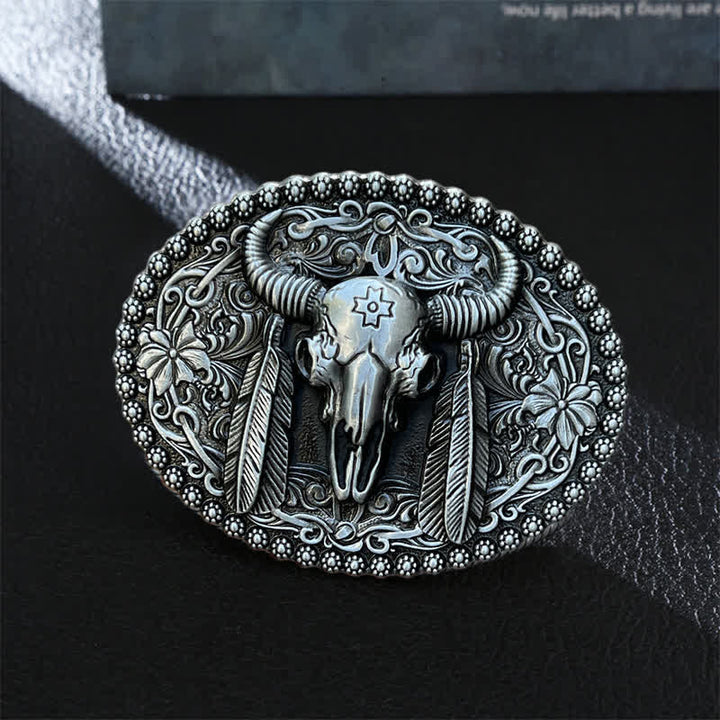 Men's DIY Bull Ethnic Feather Decor Buckle Leather Belt - Antique Silver - Without Belt - image 0