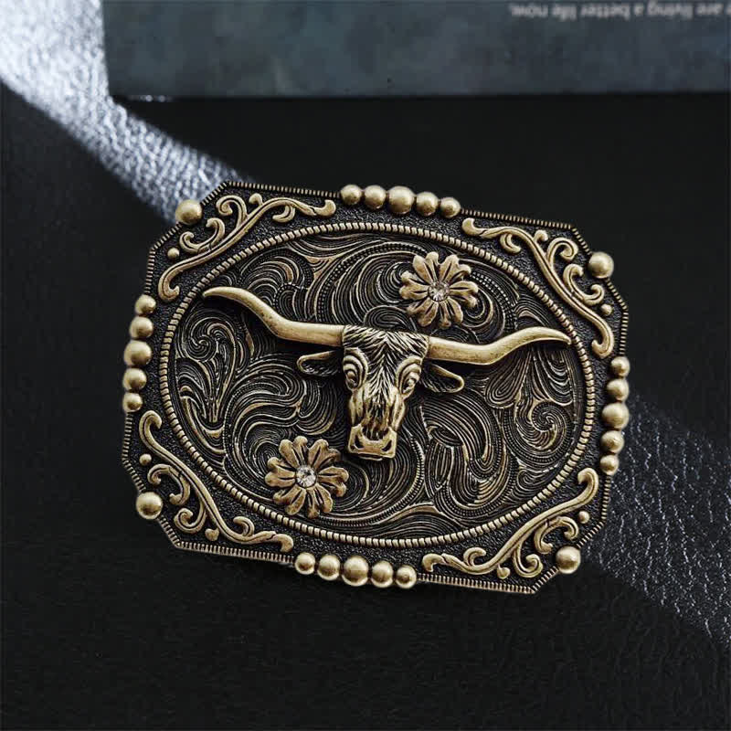 Men's DIY Bull Floral Rhinestone Buckle Leather Belt - Bull - Without Belt - image 0