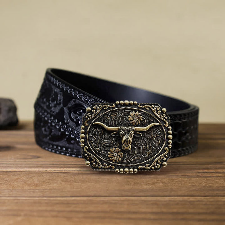 Men's DIY Bull Floral Rhinestone Buckle Leather Belt - Bull - Black Carved Belt (40) - image 5