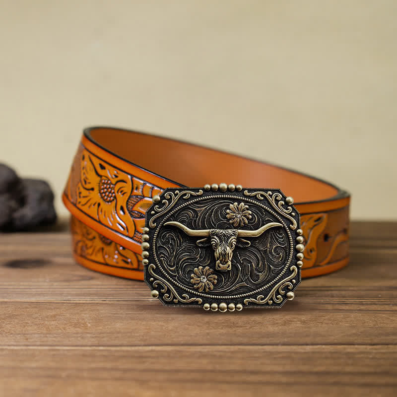 Men's DIY Bull Floral Rhinestone Buckle Leather Belt - Bull - Orange Carved Belt (40) - image 8