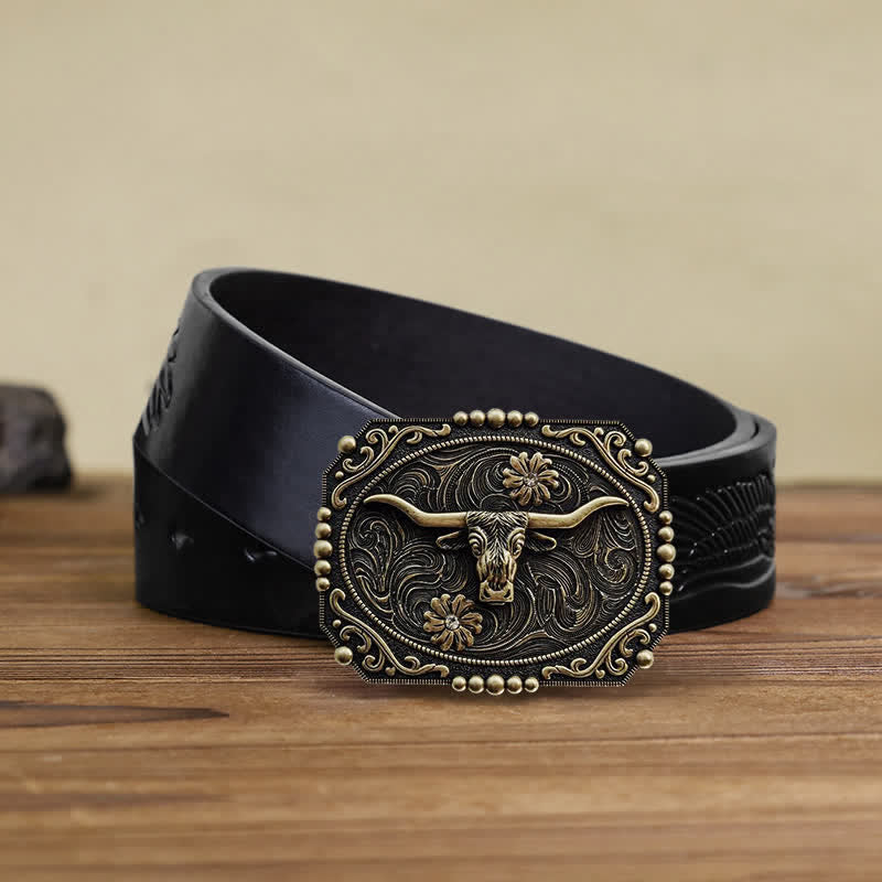 Men's DIY Bull Floral Rhinestone Buckle Leather Belt - Bull - Black Embossed Eagle Belt (38) - image 3
