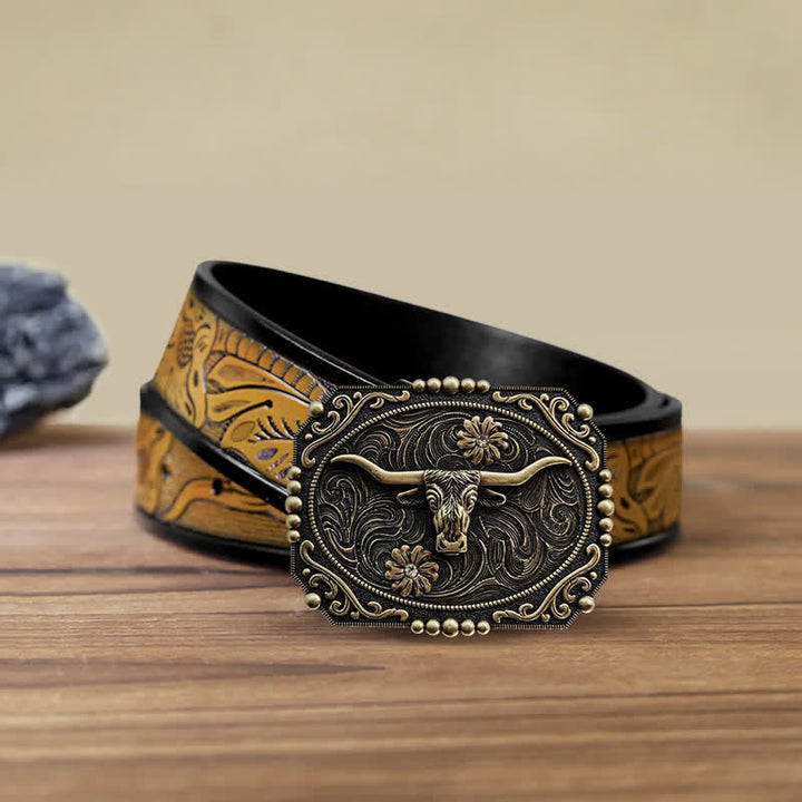 Men's DIY Bull Floral Rhinestone Buckle Leather Belt - Bull - SandyBrown Belt (40) - image 7