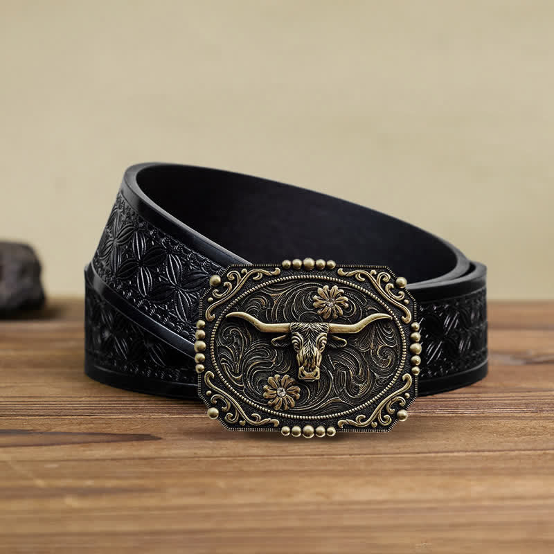 Men's DIY Bull Floral Rhinestone Buckle Leather Belt - Bull - Black Embossed Weave Belt (38) - image 4