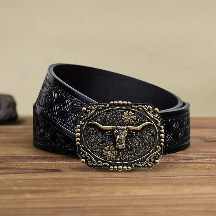 Men's DIY Bull Floral Rhinestone Buckle Leather Belt - Bull - Black Embossed Weave Belt (38) - image 4