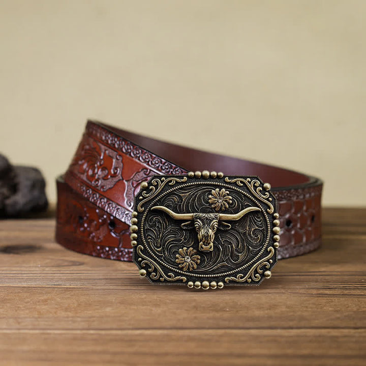 Men's DIY Bull Floral Rhinestone Buckle Leather Belt - Bull - Brown Carved Belt (40) - image 6