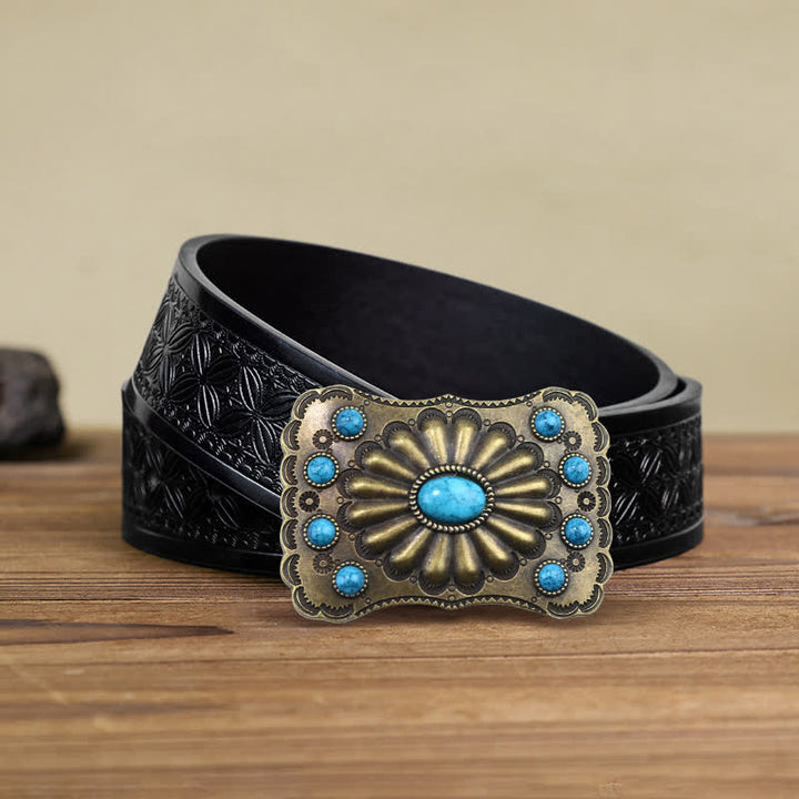 Men's DIY Western Turquoise Stone Rectangle Buckle Leather Belt - Turquoise - Black Embossed Weave Belt (38) - image 5