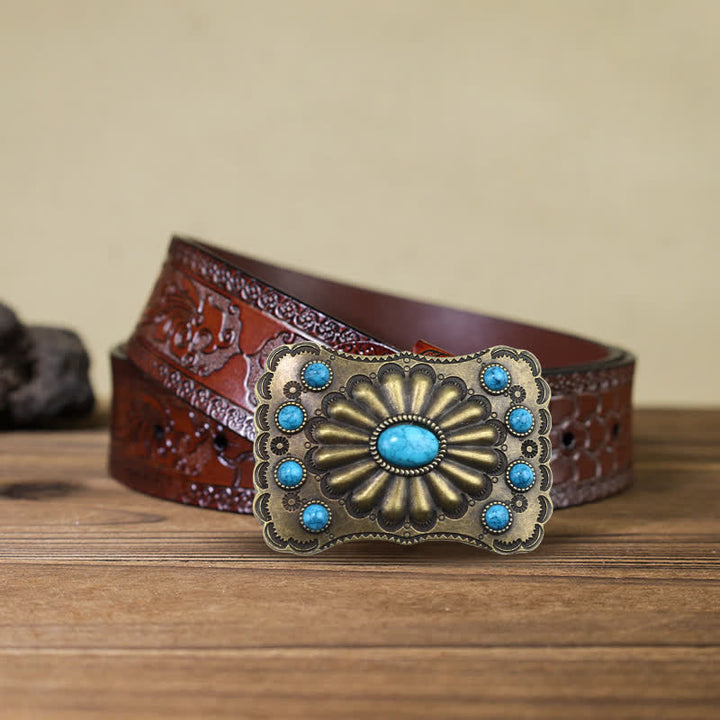 Men's DIY Western Turquoise Stone Rectangle Buckle Leather Belt - Turquoise - Brown Carved Belt (40) - image 7