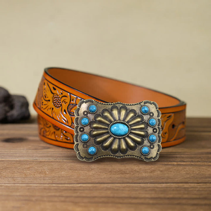 Men's DIY Western Turquoise Stone Rectangle Buckle Leather Belt - Turquoise - Orange Carved Belt (40) - image 9
