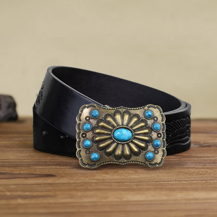 Men's DIY Western Turquoise Stone Rectangle Buckle Leather Belt - Turquoise - Black Embossed Eagle Belt (38) - image 4