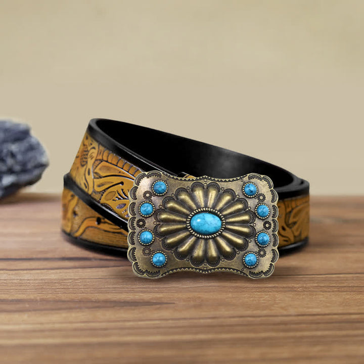 Men's DIY Western Turquoise Stone Rectangle Buckle Leather Belt - Turquoise - SandyBrown Belt (40) - image 8
