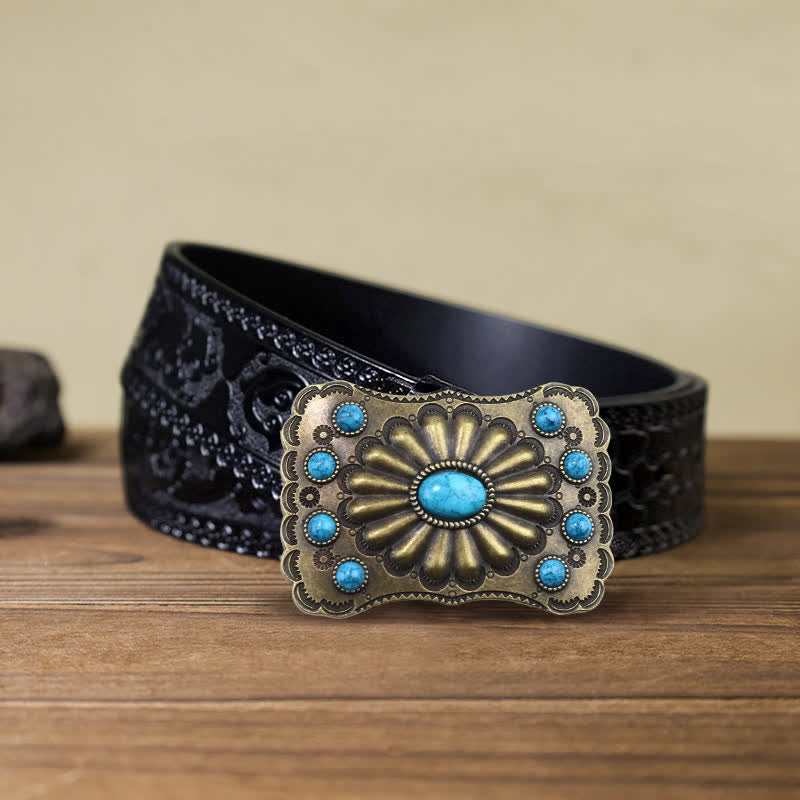 Men's DIY Western Turquoise Stone Rectangle Buckle Leather Belt - Turquoise - Black Carved Belt (40) - image 6