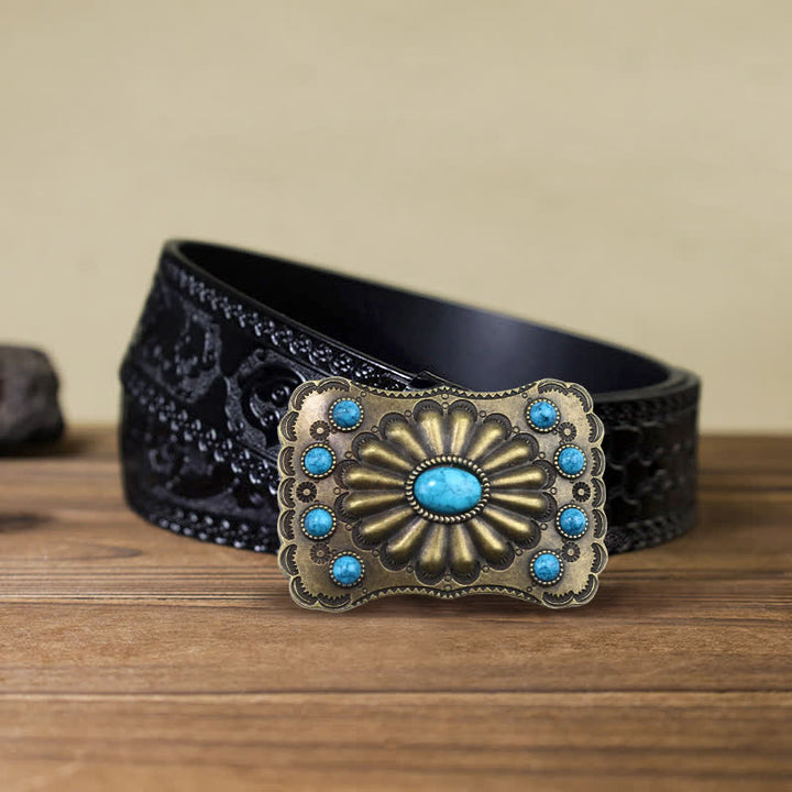 Men's DIY Western Turquoise Stone Rectangle Buckle Leather Belt - Turquoise - Black Carved Belt (40) - image 6