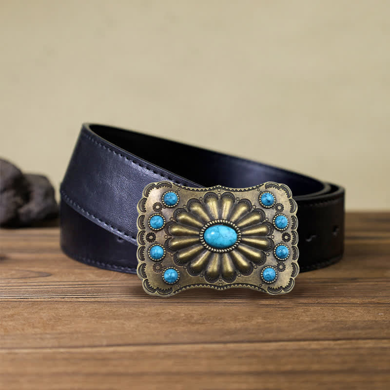 Men's DIY Western Turquoise Stone Rectangle Buckle Leather Belt - Turquoise - Black PU Belt (40) - image 3