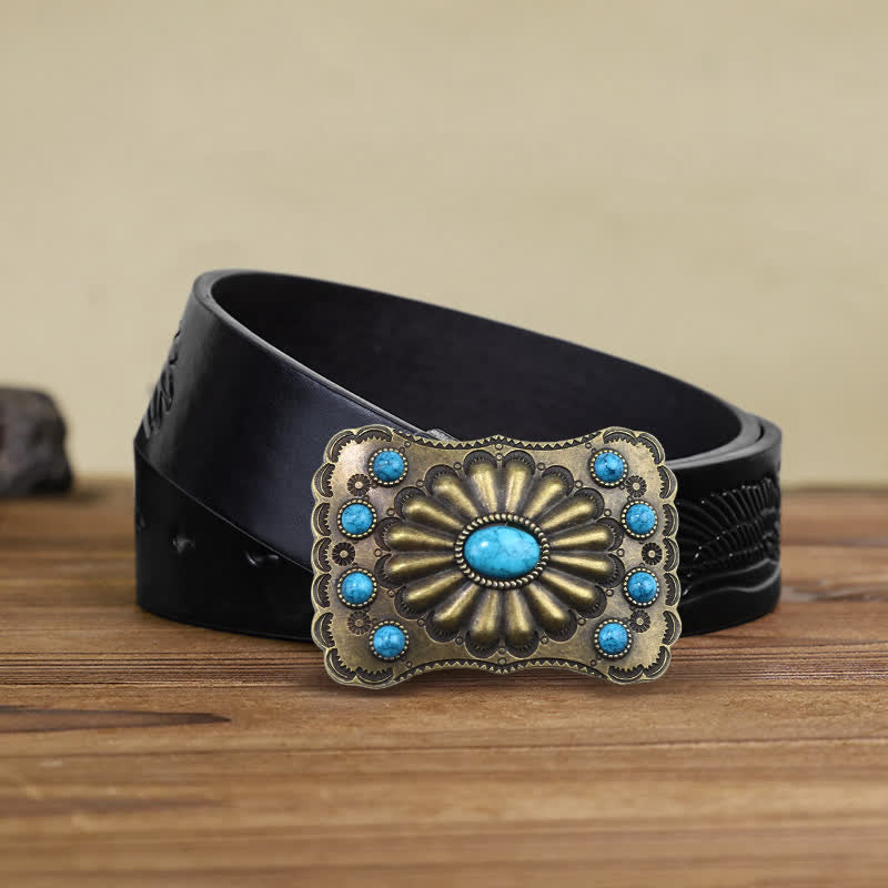 Men's DIY Western Turquoise Stone Rectangle Buckle Leather Belt - Turquoise - Black Embossed Eagle Belt (38) - image 4