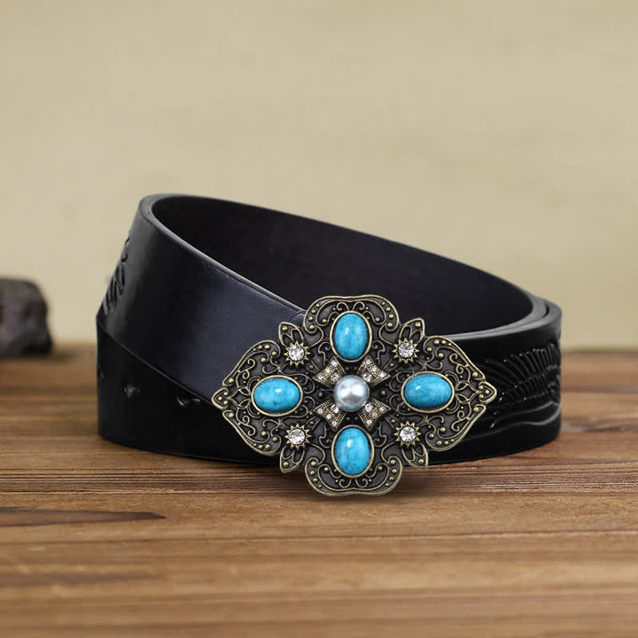 Men's DIY Decorative Stunning Turquoise Buckle Leather Belt - Turquoise - Black Embossed Eagle Belt (38) - image 4