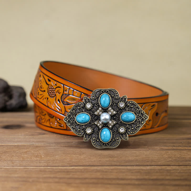 Men's DIY Decorative Stunning Turquoise Buckle Leather Belt - Turquoise - Orange Carved Belt (40) - image 9