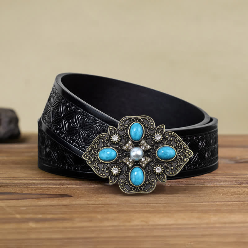 Men's DIY Decorative Stunning Turquoise Buckle Leather Belt - Turquoise - Black Embossed Weave Belt (38) - image 5